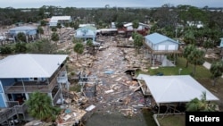 A drone shows a flooded and damaged area following Hurricane Helene in Horseshoe Beach, Florida, Sept. 28, 2024.