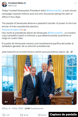 Captura de pantalla de publicación en X del presidente de EEUU, Joe Biden, del 6 de enero de 2025.