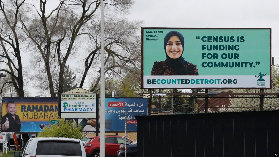 A billboard highlighting the 2020 Census is seen in Dearborn, Michigan, April 30, 2020.