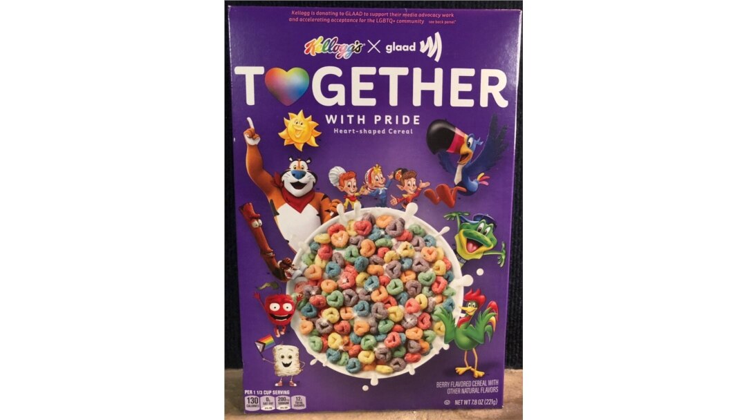Food manufacturer Kellogg's teamed up with GLAAD, a nonprofit promoting LGBTQ acceptance, and unveiled a heart-shaped take on its Froot Loops breakfast cereal, already a rainbow product. (Michael Bowman/VOA)