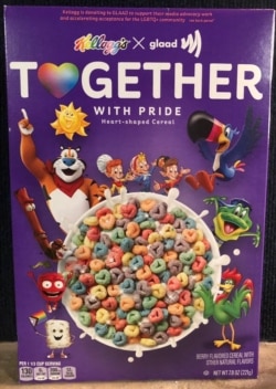 Food manufacturer Kellogg's teamed up with GLAAD, a nonprofit promoting LGBTQ acceptance, and unveiled a heart-shaped take on its Froot Loops breakfast cereal, already a rainbow product. (Michael Bowman/VOA)
