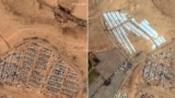 دو تصویر هوایی از منطقه‌ احداث اردوگاه چادری در نزدیکی رفح. سمت چپ: پیش از برپا کردن چادرها در ۱۷ فروردین، و سمت راست، پس از ساخت چادرها در چهارم اردیبهشت.