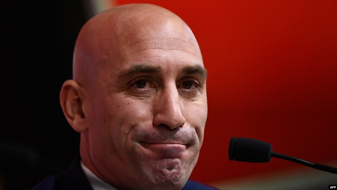 (FILES) Spanish Royal Football Federation (RFEF) president Luis Rubiales gives a press conference on November 19, 2019 at Las Rozas football sports city near Madrid.
