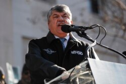 FILE - AFL-CIO President Richard Trumka speaks to union members and other federal employees at a rally to call for an end to the partial government shutdown, Jan. 10, 2019 at AFL-CIO Headquarters in Washington.