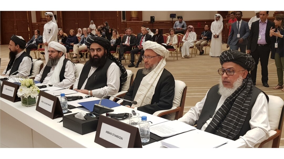 FILE - Members of the Taliban political office are seen at the start of an intra-Afghan dialogue session, in Doha, Qatar, July 7, 2019. (A. Tanzeem/VOA)