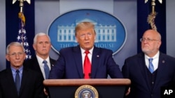 President Donald Trump speaks about the coronavirus in the press briefing room at the White House, Feb. 29, 2020, in Washington.
