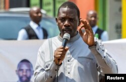 Independent Rwandan presidential candidate Philippe Mpayimana speaks during a campaign rally in Gisenyi, Rubavu District, Rwanda, on July 6, 2024.