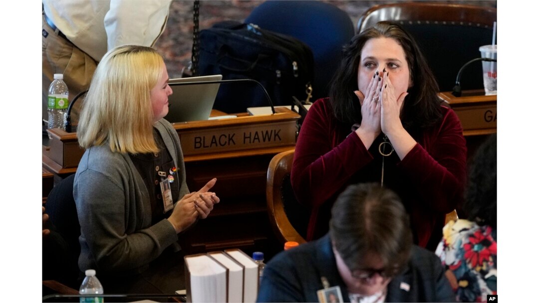 Rep. Aime Wichtendahl, a Democrat from Hiawatha, reacts after speaking during debate on a gender identity bill, Feb. 27, 2025, at the Statehouse in Des Moines, Iowa.