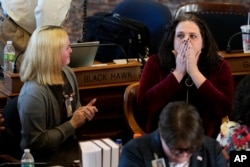 Rep. Aime Wichtendahl, a Democrat from Hiawatha, reacts after speaking during debate on a gender identity bill, Feb. 27, 2025, at the Statehouse in Des Moines, Iowa.