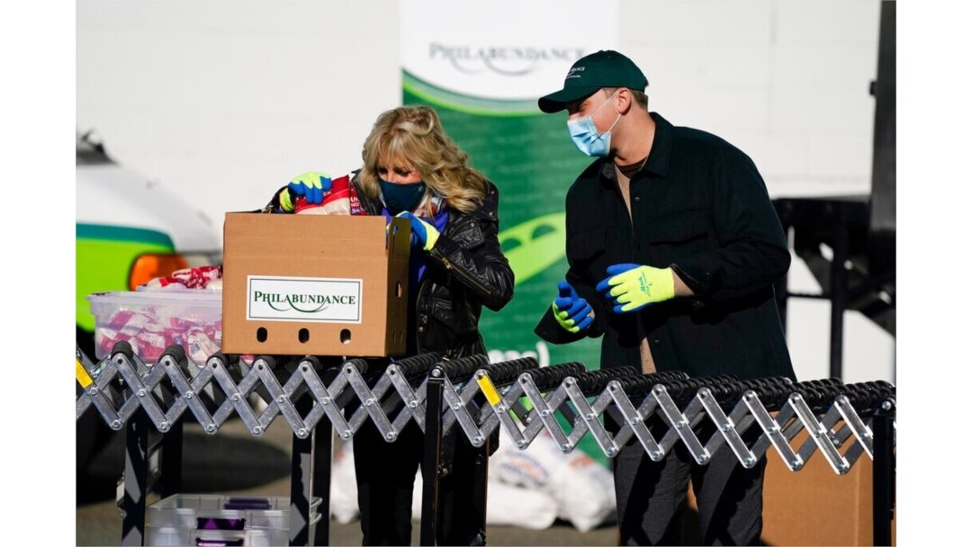 President-elect Joe Biden's wife, Jill Biden, participates in a National Day of Service event at Philabundance, a hunger relief organization, in Philadelphia, Jan. 18, 2021.