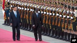 FILE - Chinese President Xi Jinping, left, walks with Zimbabwe's President Robert Mugabe during a welcome ceremony outside the Great Hall of the People, Beijing, Aug. 25, 2014.