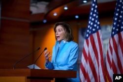FILE - Speaker of the House Nancy Pelosi, D-Calif., meets with reporters at the Capitol in Washington, Aug. 6, 2021.