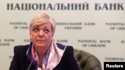 Valeria Hontareva, head of Ukraine's central bank, is seen at a news conference in Kyiv, Dec. 30, 2014.