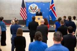 U.S. Secretary of State Antony Blinken speaks to employees at the U.S. Embassy in Reykjavik, Iceland, May 18, 2021.