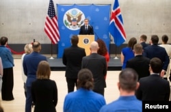 U.S. Secretary of State Antony Blinken speaks to employees at the U.S. Embassy in Reykjavik, Iceland, May 18, 2021.