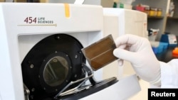 FILE - A biotechnician demonstrates the loading of a genome sequencing machine at the J. Craig Venter Institute in Rockville, Maryland, March 29, 2010.