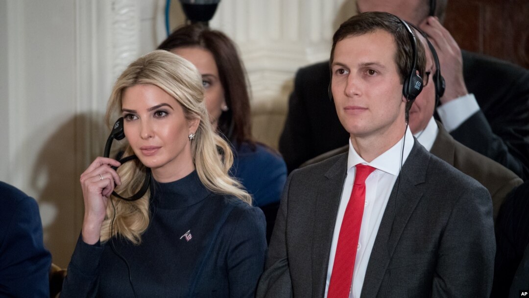 FILE - Ivanka Trump, daughter of President Donald Trump, and her husband, presidential senior adviser Jared Kushner, attend a news conference with the president and German Chancellor Angela Merkel at the White House, March 17, 2017.