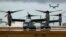 Four Ospreys from the U.S. Navy Ship (USNS) Charles Drew prepare to taxi on the tarmac of Tacloban airport in the aftermath of super typhoon Haiyan, Nov. 14, 2013. 