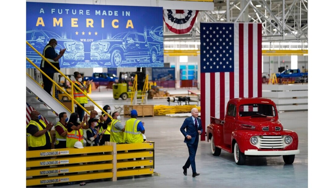 President Joe Biden arrives to speak after a tour of the Ford Rouge EV Center, in Dearborn, Mich., May 18, 2021.