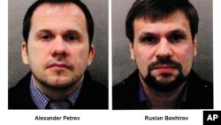 This combination photo made available by London's Metropolitan Police on Sept. 5, 2018, shows Alexander Petrov, left, and Ruslan Boshirov. 