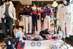The official opening ceremony uniforms of the United States team designed by Ralph Lauren, for the Tokyo 2020 Olympics, are displayed during an event in New York, July 14, 2021.