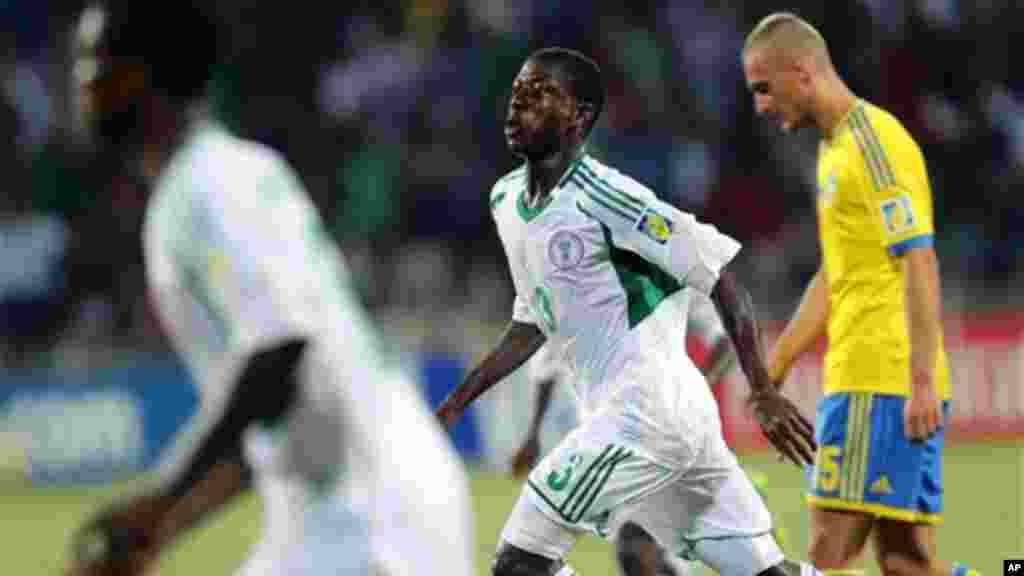 Samuel Okon of Nigeria celebrates after scoring a goal against Sweden during a semifinal match of the World Cup U-17 in Dubai.