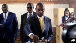 Zimbabwe's main opposition leader Nelson Chamisa casts his vote at a polling station in Harare, Zimbabwe, Wednesday, Aug. 23, 2023.