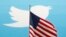 FILE - The Twitter Inc. logo is shown with the U.S. flag during the company's IPO on the floor of the New York Stock Exchange in New York, Nov. 7, 2013. 