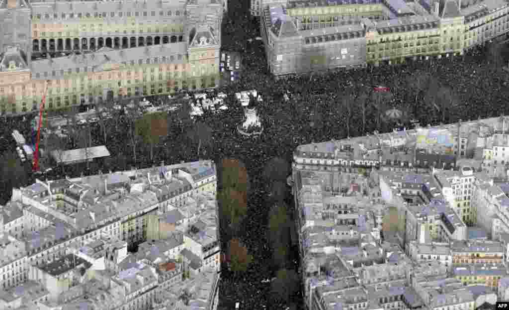 Aerial view of the Unity rally &ldquo;Marche Republicaine&rdquo; at the Place de la Republique in Paris, France, in tribute to the 17 victims of a three-day killing spree by homegrown Islamists.