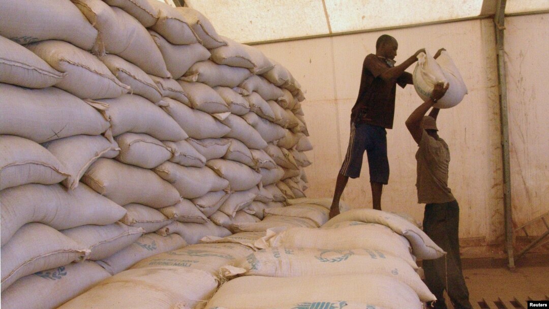 Dua pria mengangkat karung berisi bantuan makanan di Sevare, Mali (4/2). (Reuters/Alain Amontchi)