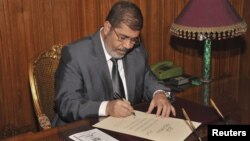 Egyptian President Mohamed Morsi signs a decree to put into effect the new constitution in Cairo December 25, 2012, in this handout photo released by Egyptian Presidency office.