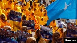 FILE - Somali women gather to march against the Ethiopia-Somaliland port deal at the Yarisow stadium in Mogadishu, Somalia January 3, 2024.