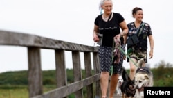 Deezi, a dog from a shelter in Istanbul, Turkey, walks with its new owners Caroline and Meike in Haarlem, Netherlands September 3, 2024. (REUTERS/Piroschka van de Wouw)