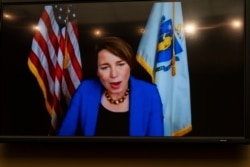 Massachusetts Attorney General Maura Healey testifies virtually June 8, 2021, as seen on a video monitor during a House Oversight Committee hearing on legislation inspired by the bankruptcy case of Purdue Pharma.