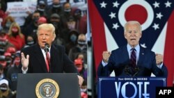 This combination of pictures created on October 30, 2020 shows US President Donald Trump speaks during a campaign rally at Manchester-Boston Regional Airport in Londonderry, New Hampshire on October 25, 2020.