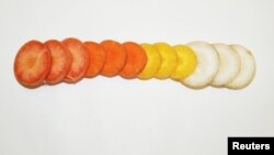 Sliced carrots exhibiting a broad range of naturally occurring carotenoid pigments in this image released May 9, 2016. (Courtesy: Shelby Ellison) 