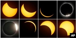 FILE—This combination of photos shows the path of the sun during a total eclipse by the moon Monday, Aug. 21, 2017, near Redmond, Ore.