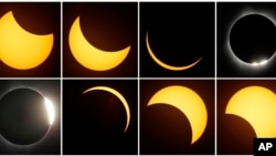 Esta combinación de fotografías muestra el trayecto del sol durante un eclipse total, el lunes 21 de agosto de 2017, cerca de Redmond, Oregon.