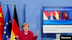  German Chancellor Angela Merkel attends virtual talks with Chinese Premier Li Keqiang as part of the Sixth German-Chinese Government Consultations, in Berlin, Germany April 28, 2021.