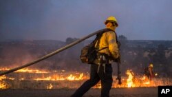 Petugas pemadam kebakaran berusaha mengendalikan kebakaran di sepanjang Highway 36 di dekat Dales, California, pada Senin, 29 Juli 2024. (Foto: AP)