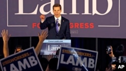 Conor Lamb, the Democratic candidate inthe March 13 special election in Pennsylvania's 18th Congressional District is seen with supporters in Canonsburg, Pensylvania, March 14, 2018.