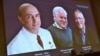 Harvey J. Alter, Michael Houghton et Charles M. Rice sur un écran alors qu'ils sont annoncés comme les lauréats du prix Nobel de médecine 2020, à Stockholm, en Suède, le 5 octobre 2020.(C. Bresciani/TT News Agency/via Reuters)