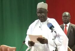 Aboubakary Abdoulaye, senior vice president of Cameroon's Senate, the upper house of parliament, addresses lawmakers in Yaounde, Cameroon, Dec. 20, 2019. (Moki Edwin Kindzeka/VOA)