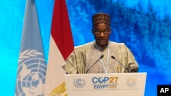 FILE - Saleh Kebzabo, prime minister of Chad, speaks at the COP27 U.N. Climate Summit, Nov. 8, 2022, in Sharm el-Sheikh, Egypt. On October 18, 2013 he accepted the resignations of two officials involved in a sex tape scandal.
