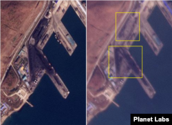 라진항 석탄 부두를 촬영한 지난 5일(왼쪽)과 27일(오른쪽) 모습. 27일 석탄이 쌓인 지대(사각형)에서 맨 바닥이 드러난 곳을 쉽게 볼 수 있다. 사진=Planet Labs