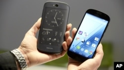Russian-made Yotaphone unveils its new model, the Yotaphone 2 in Helsinki, Finland, Jan. 29, 2015.