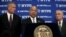 U.S. Secretary of Homeland Security Jeh Johnson speaks at a news conference with New York City Mayor Bill de Blasio, left, and New York City Police Commissioner William Bratton in New York City, July 8, 2016, following the shootings of police officers in Dallas.