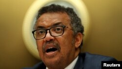 Tedros Adhanom Ghebreyesus, director general of the World Health Organization, attends a briefing for World Health Assembly delegates on the Ebola outbreak response in the Democratic Republic of the Congo at the United Nations in Geneva, Switzerland, May 23, 2018. The World Health Assembly ended May 26.