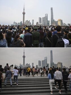 This combination of pictures shows people visiting the promenade along the Huangpu River during the May Day holiday in Shanghai on May 1, 2019 (top) and (bottom) people wearing face masks, amid concerns of COVID-19 on May 1, 2020.