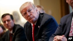 FILE - President Donald Trump listens during a meeting with steel and aluminum executives in the Cabinet Room of the White House in Washington, March 1, 2018.